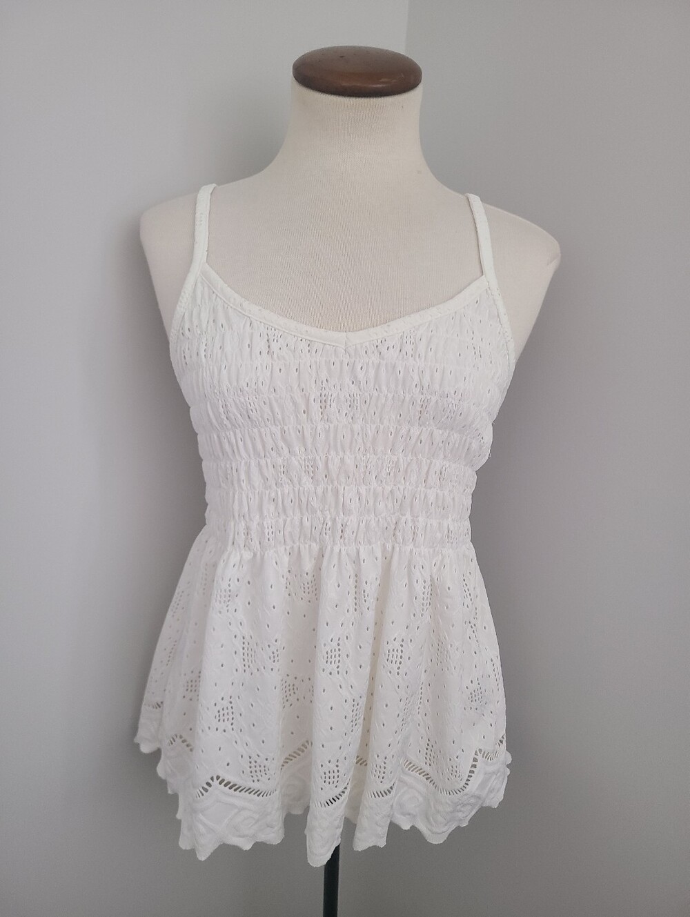 Urban Romantics Boho Eyelet Cami Top Size M Lace Smocked Tank Flowy Cottagecore